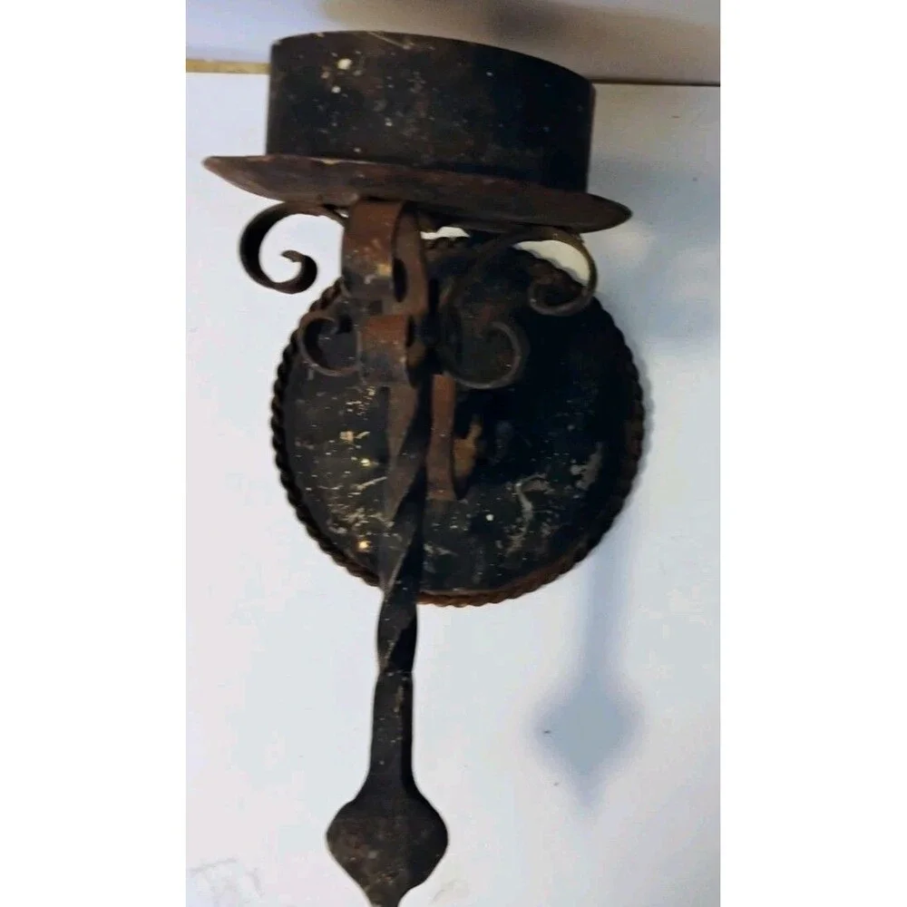 Vtg Wrought Iron Wall Candle Sconce Pillar Holder Twisted Gothic Spanish Revival